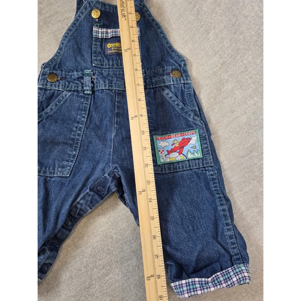 Vintage Oshkosh Baby B Gosh Denim Overalls 12M Airplane Teddy Bear Plaid‎ USA